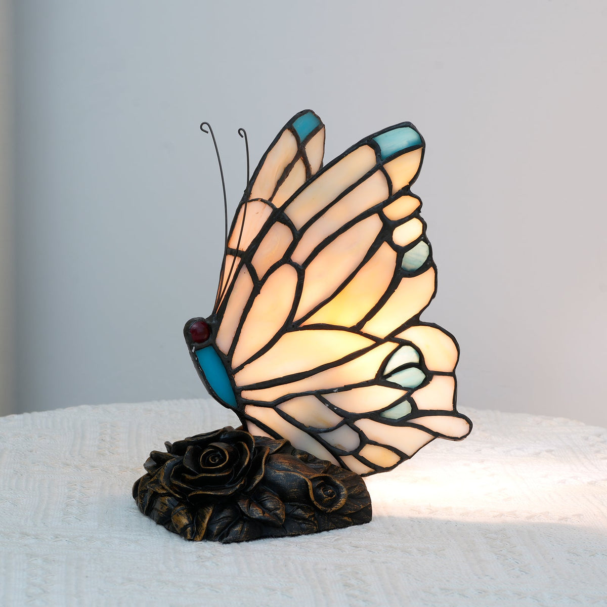Tiffany Stained Glass Butterfly Lamp with Rose Design