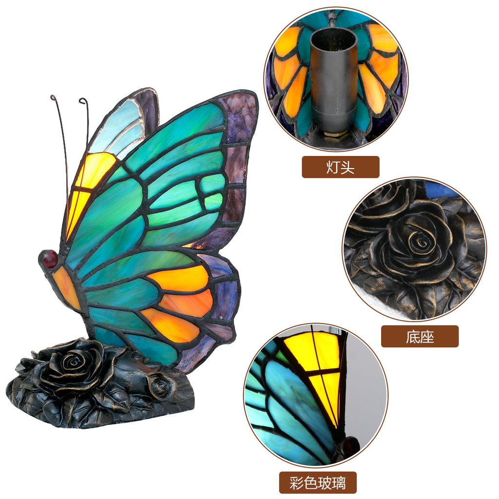 Blue and Orange Stained Glass Butterfly on Roses