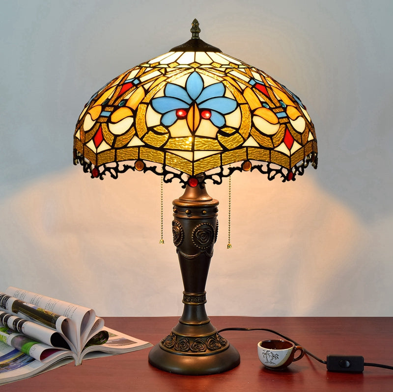Tiffany Style Stained Glass Table Lamp with Blue Flower