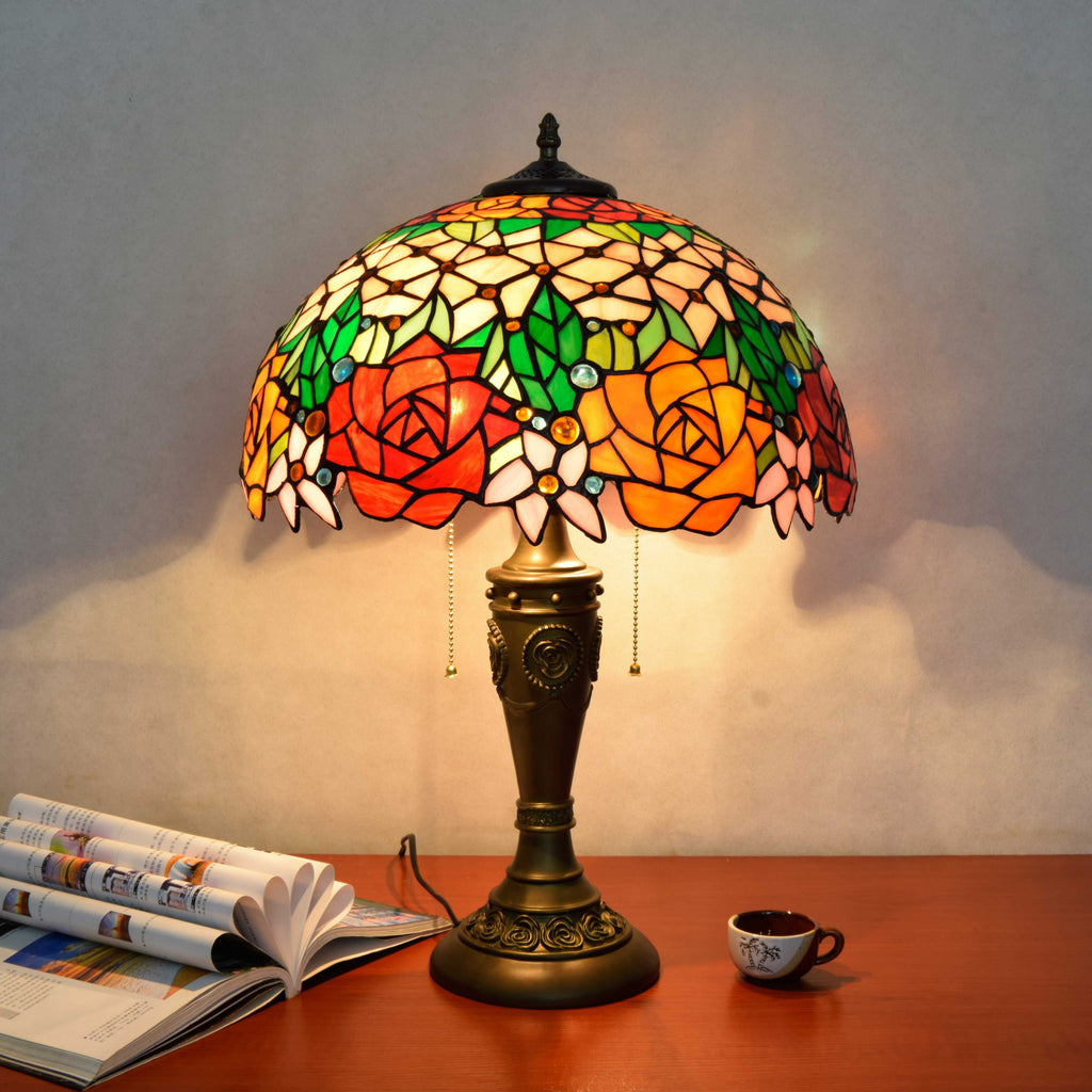 Pink and Antique Bronze Tiffany Stained Glass Table Lamp