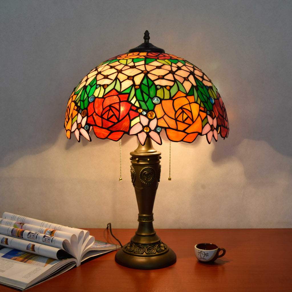 Pink and Antique Bronze Tiffany Stained Glass Table Lamp