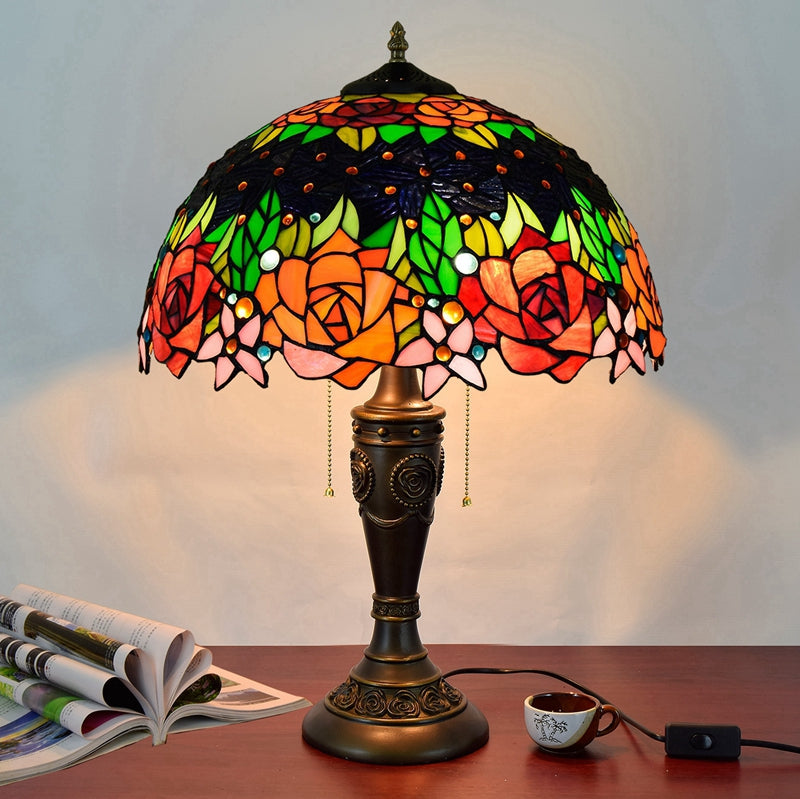 Tiffany Stained Glass Table Lamp with Rose Motifs
