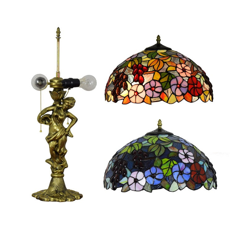 Floral Stained Glass Table Lamp with Bronze Statuette Base