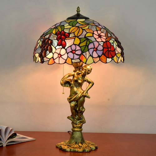 Floral Stained Glass Table Lamp with Bronze Statuette Base