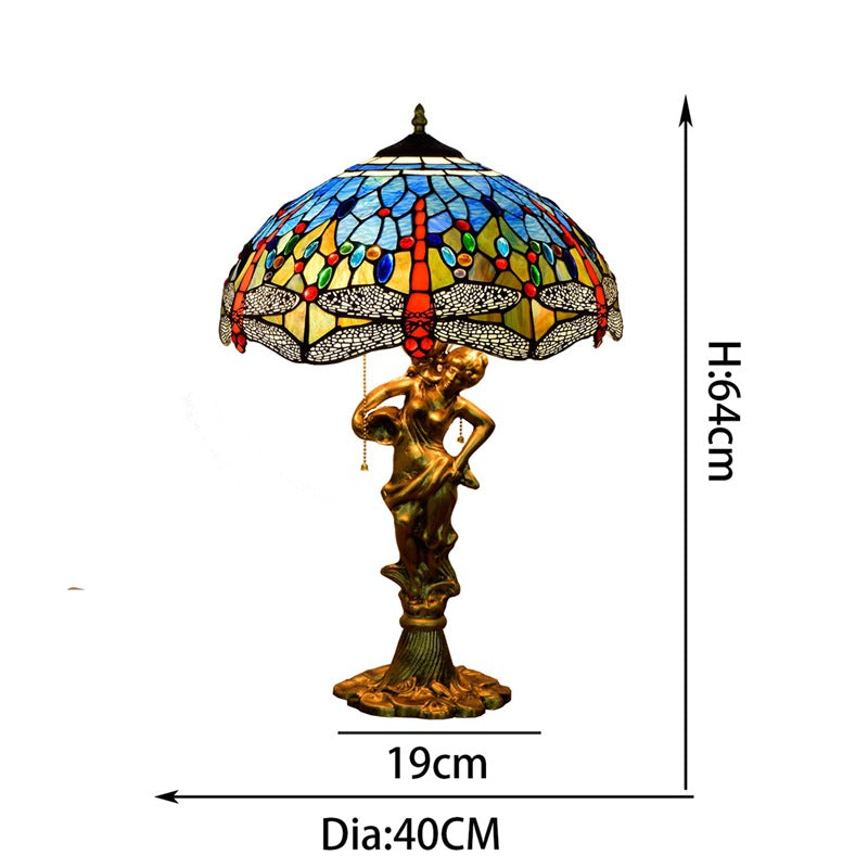 Blue Tiffany Table Lamp with Gold Sculpture Base