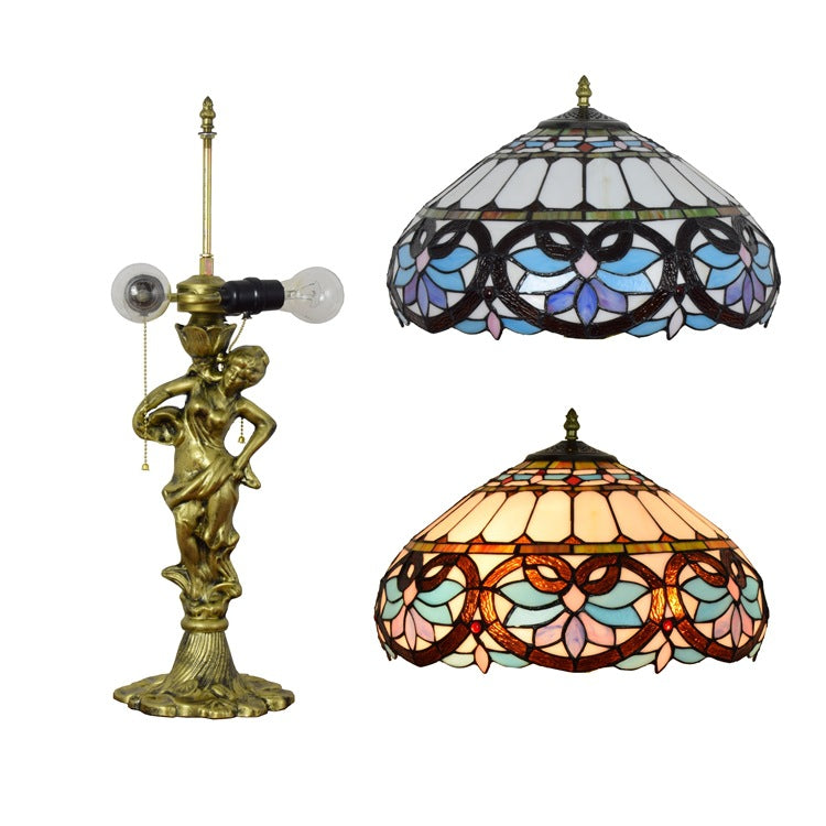 Blue Stained Glass Table Lamp with Bronze Female Figure