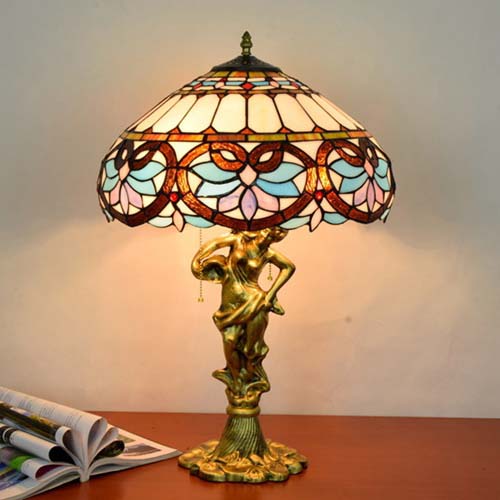 Blue Stained Glass Table Lamp with Bronze Female Figure
