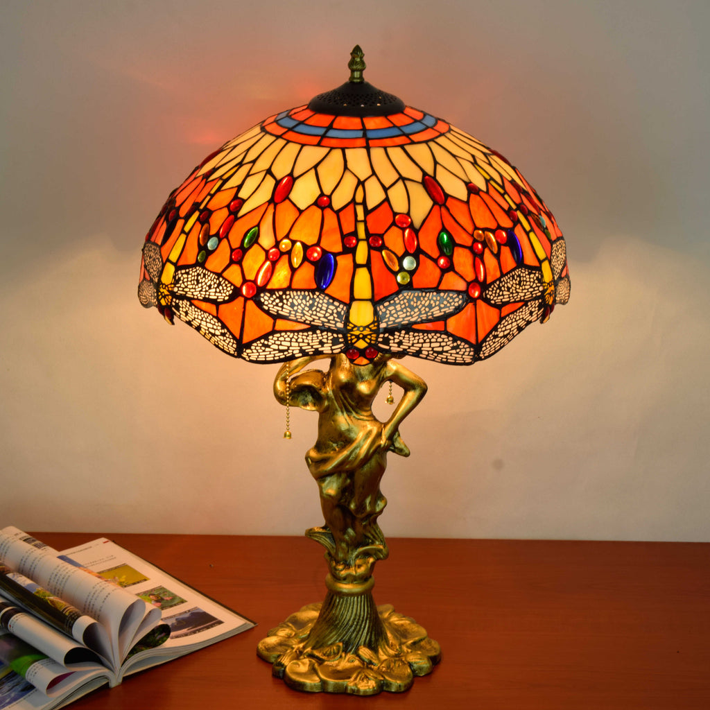Tiffany Style Stained Glass Table Lamp with Dragonflies and Woman