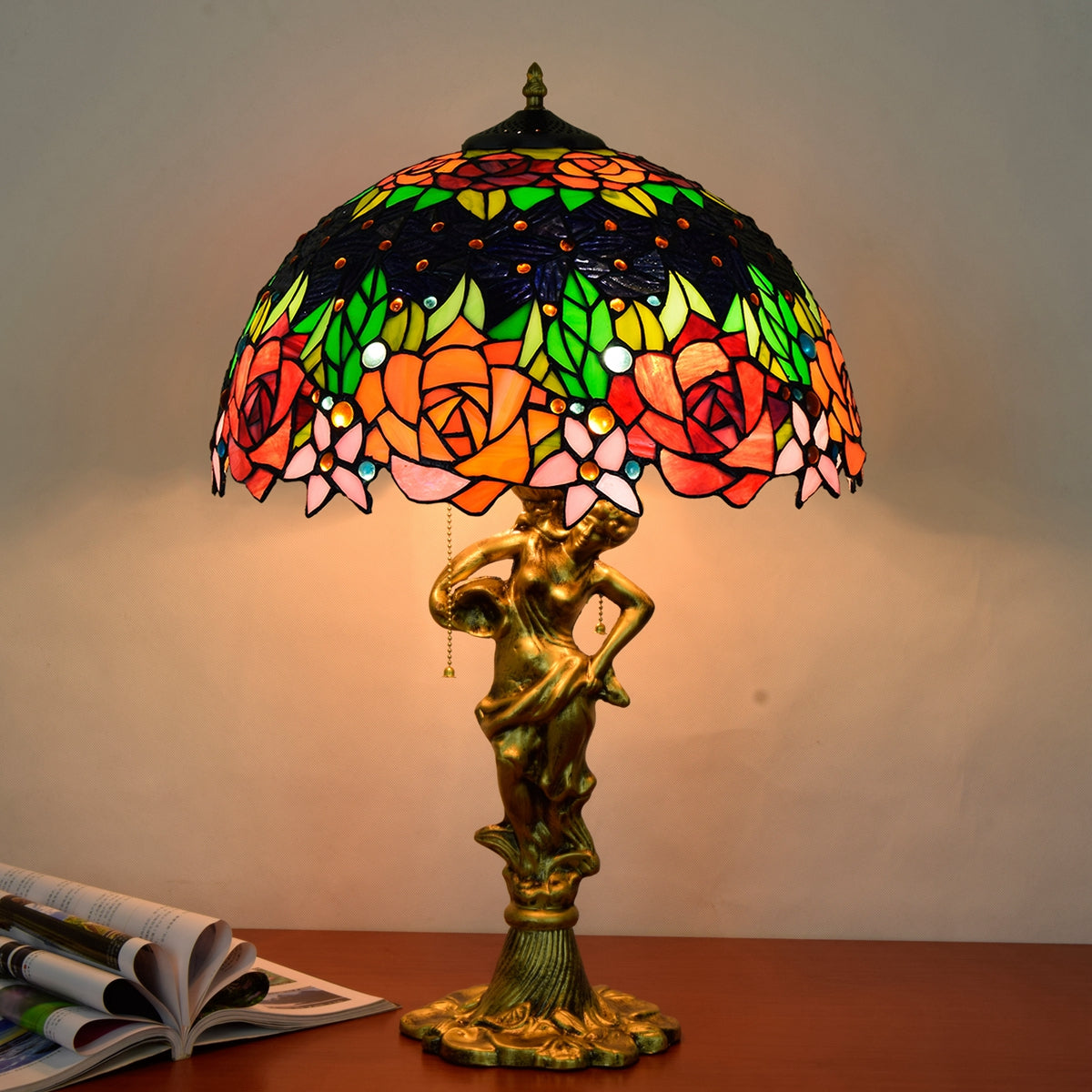 Floral Stained Glass Table Lamp with Sculpted Base