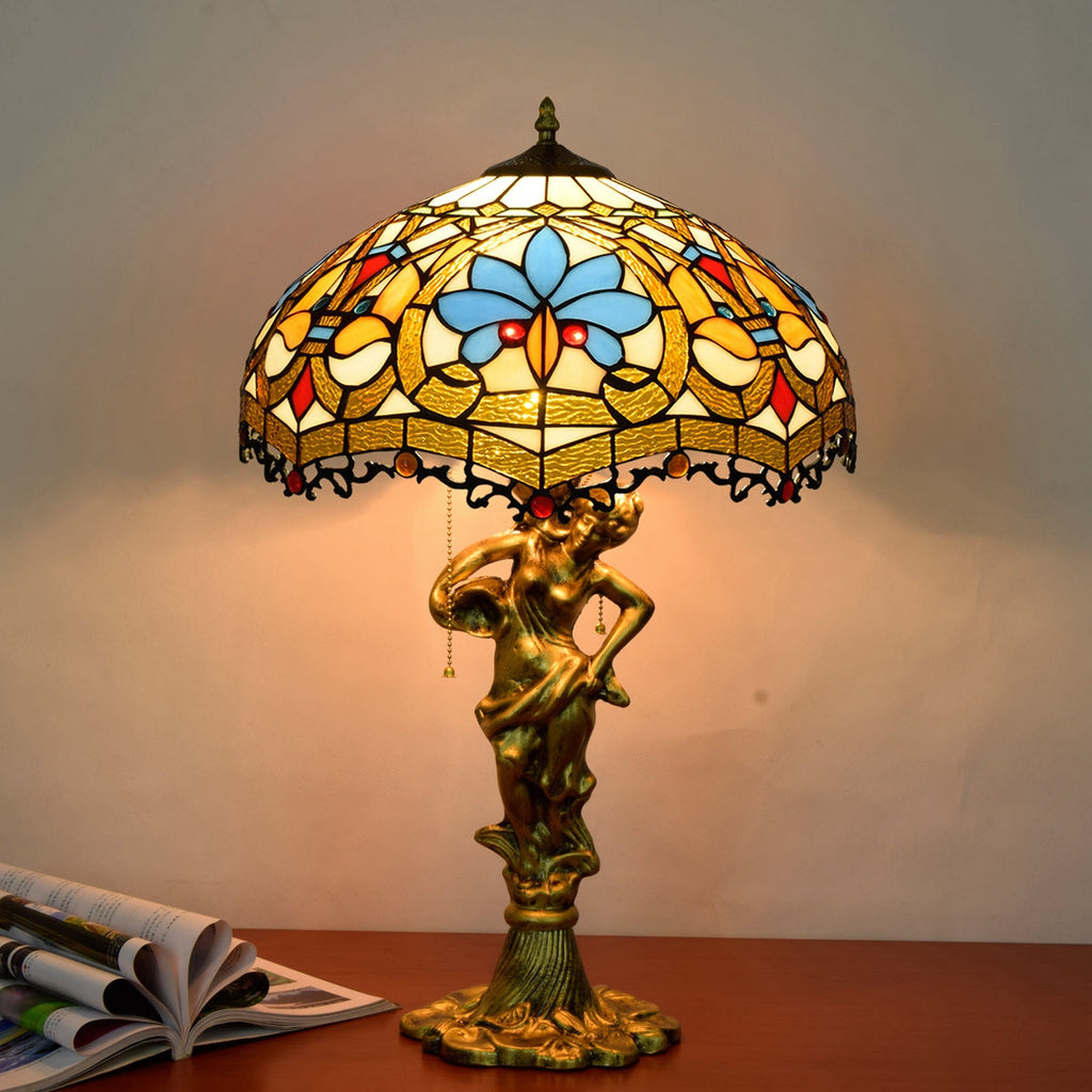 Tiffany Style Table Lamp with Gold Figure Base
