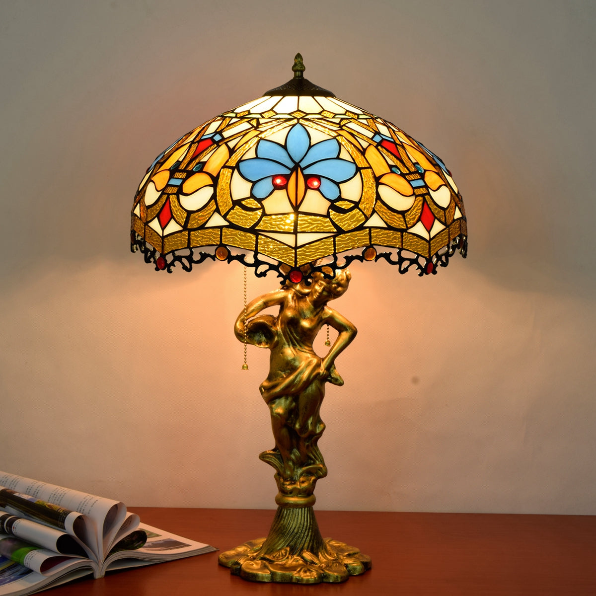 Tiffany Style Table Lamp with Gold Figure Base