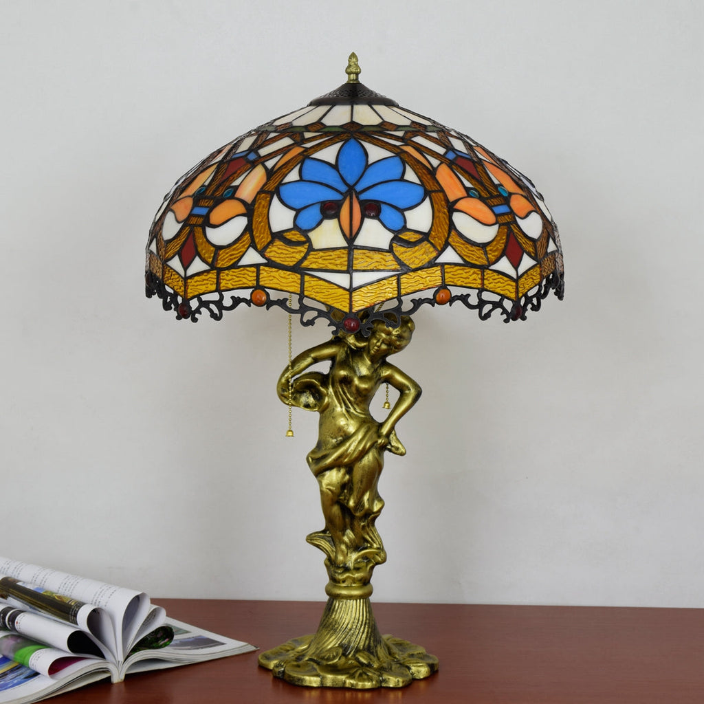 Tiffany Style Table Lamp with Gold Figure Base