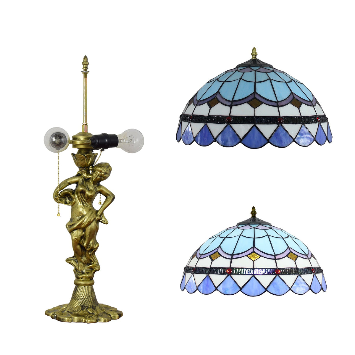 Tiffany Stained Glass Table Lamp with Statue Base