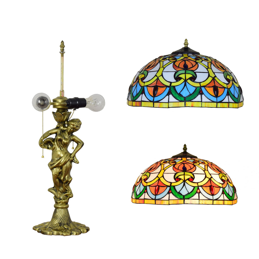 Tiffany Table Lamp in Tinted Glass with Bronze Figure