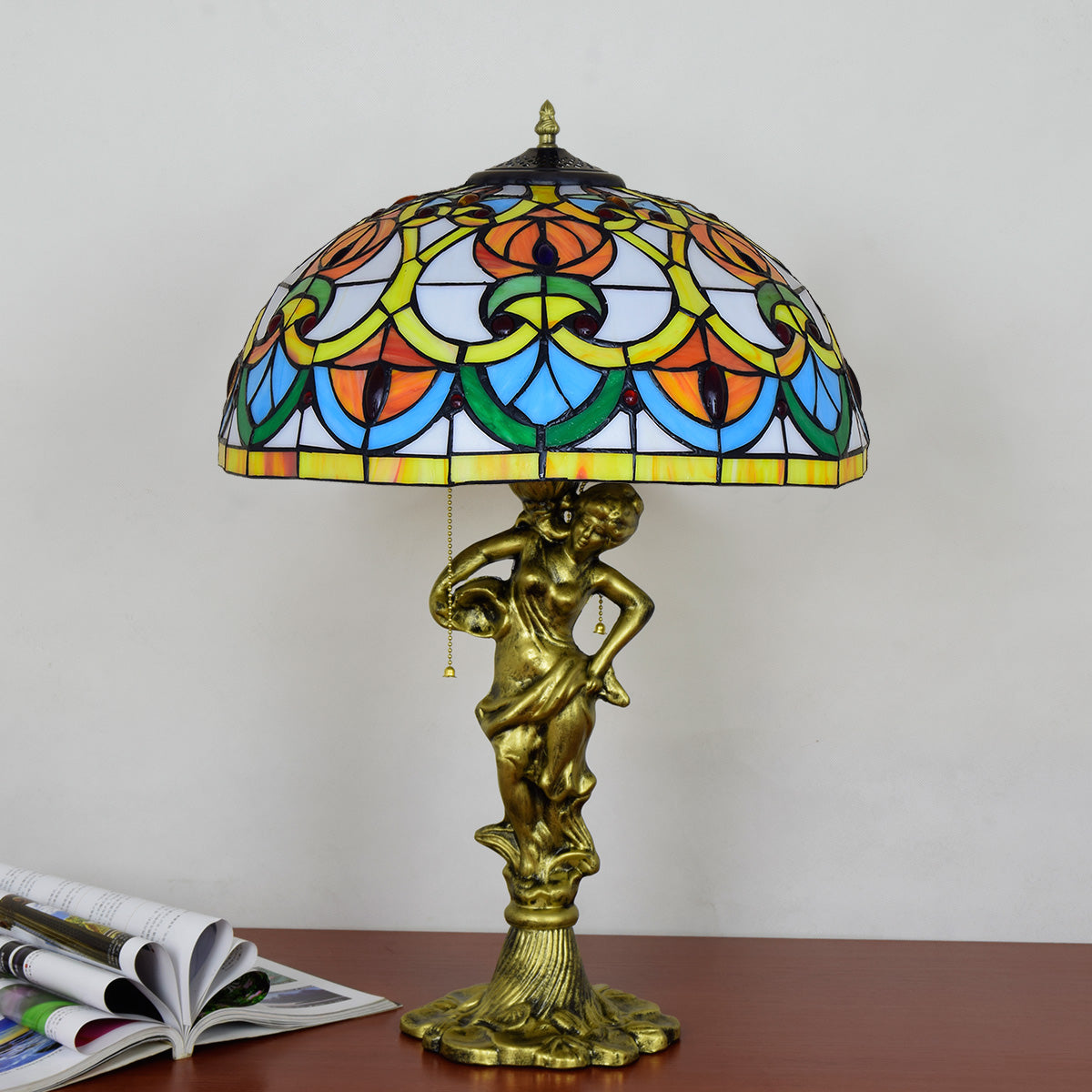 Tiffany Table Lamp in Tinted Glass with Bronze Figure