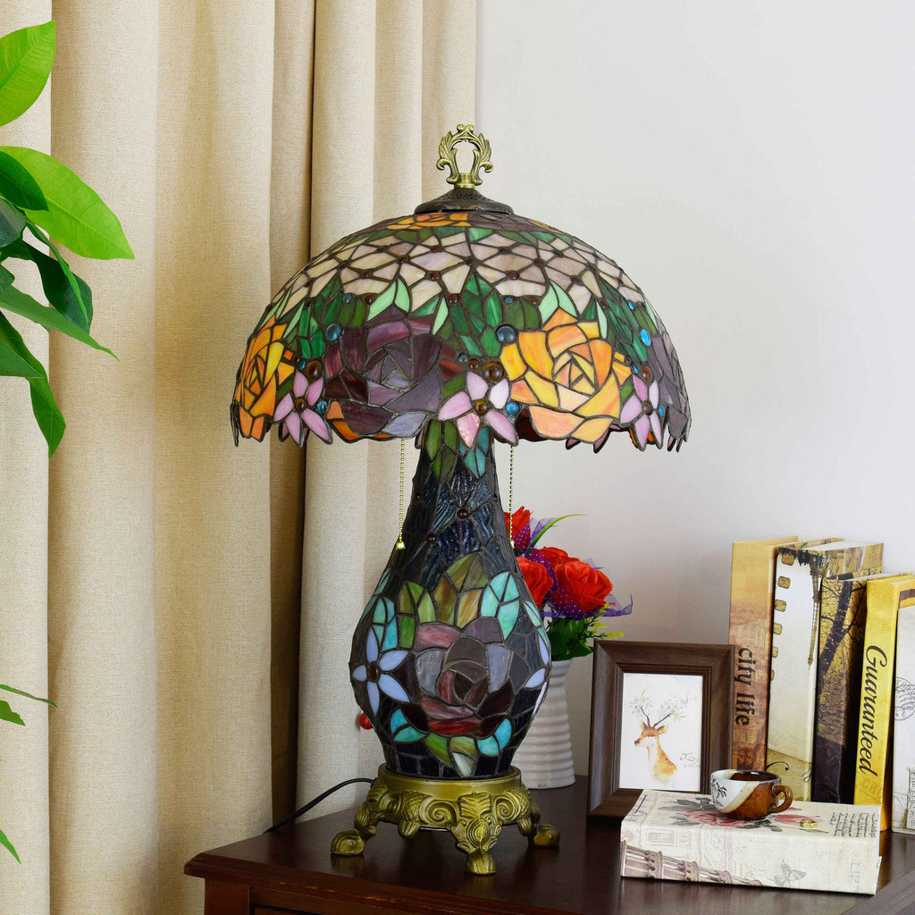 Tiffany-style stained glass table lamp with roses