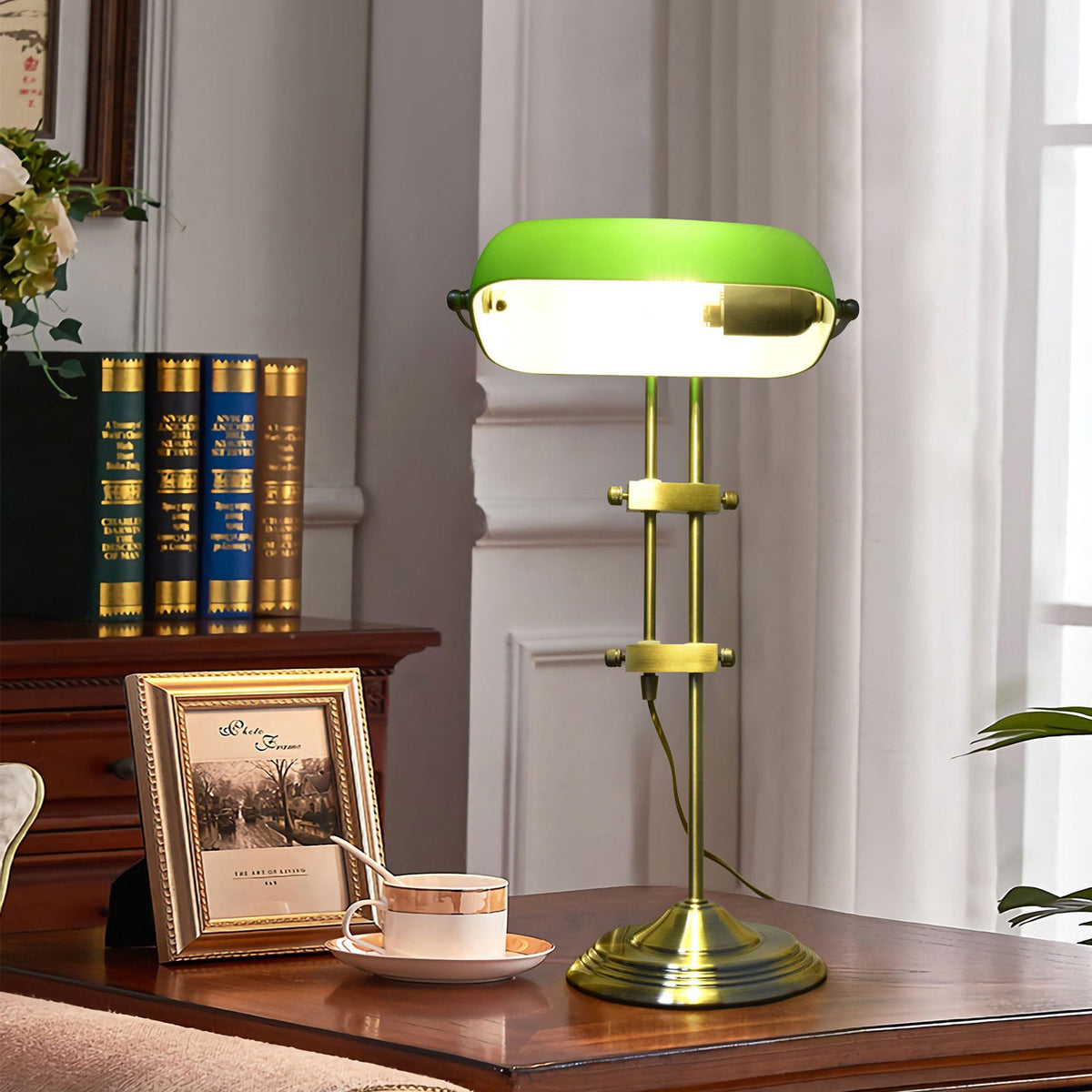 Vintage Desk Lamp in Antique Brass, Anise Green