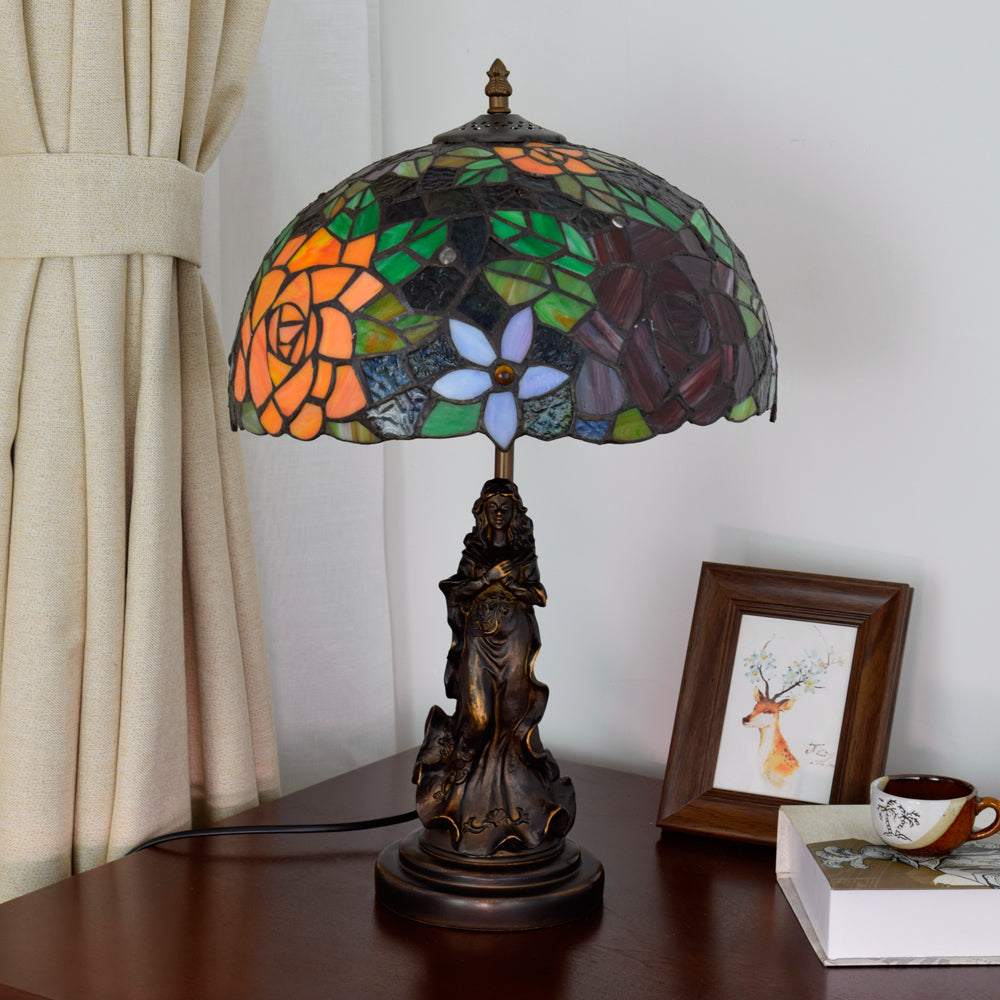 Floral Stained Glass Table Lamp with Female Base