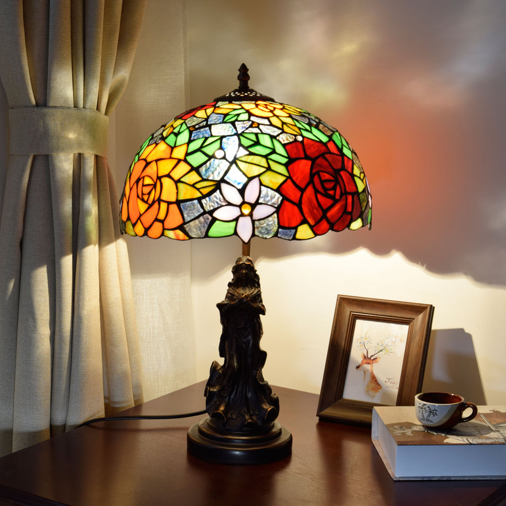 Floral Stained Glass Table Lamp with Female Base