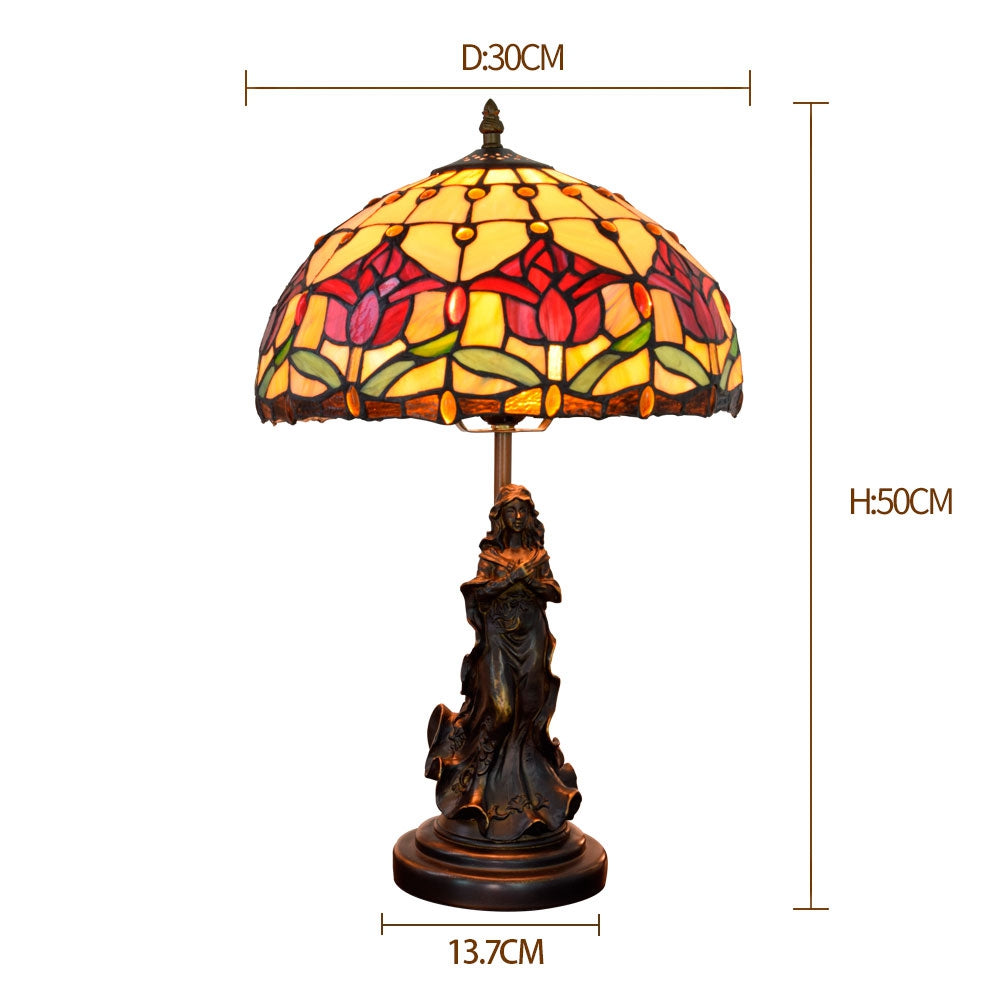 Tiffany Stained Glass Table Lamp with Red Flowers and Statue