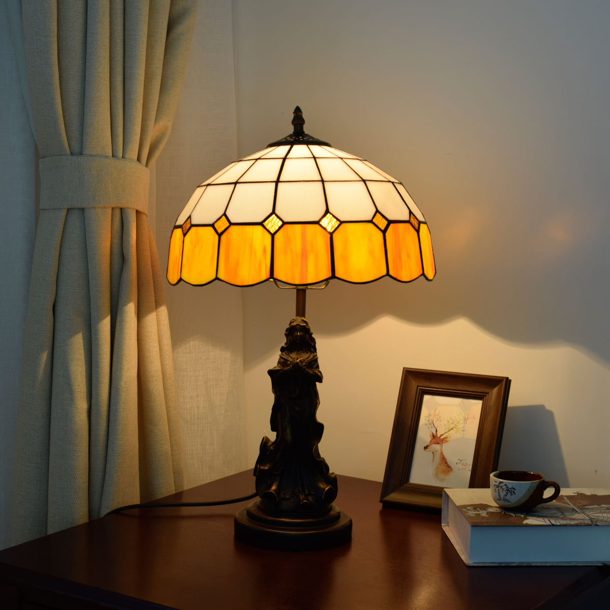 Tiffany Table Lamp, Yellow Stained Glass with Base, Woman