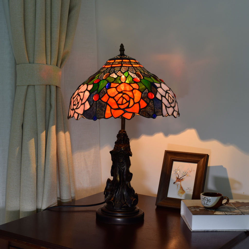 Pink Floral Stained Glass Table Lamp, Tiffany Style