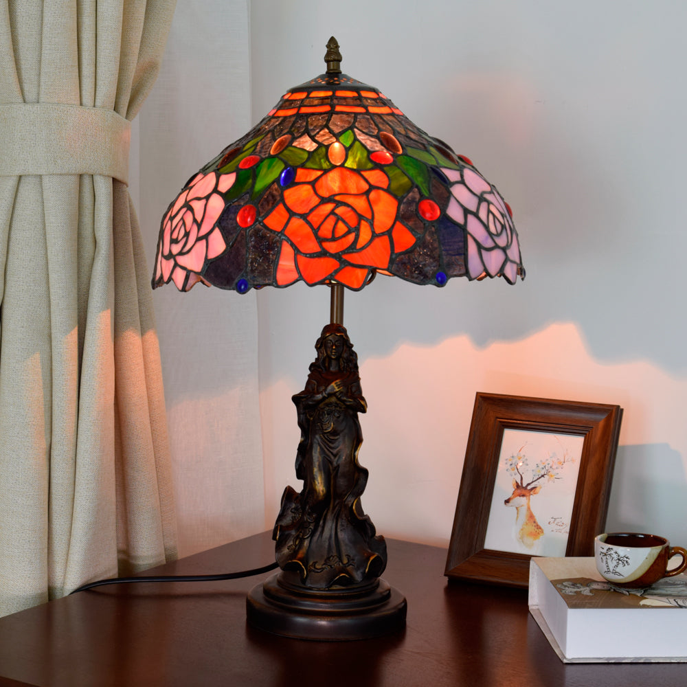 Pink Floral Stained Glass Table Lamp, Tiffany Style