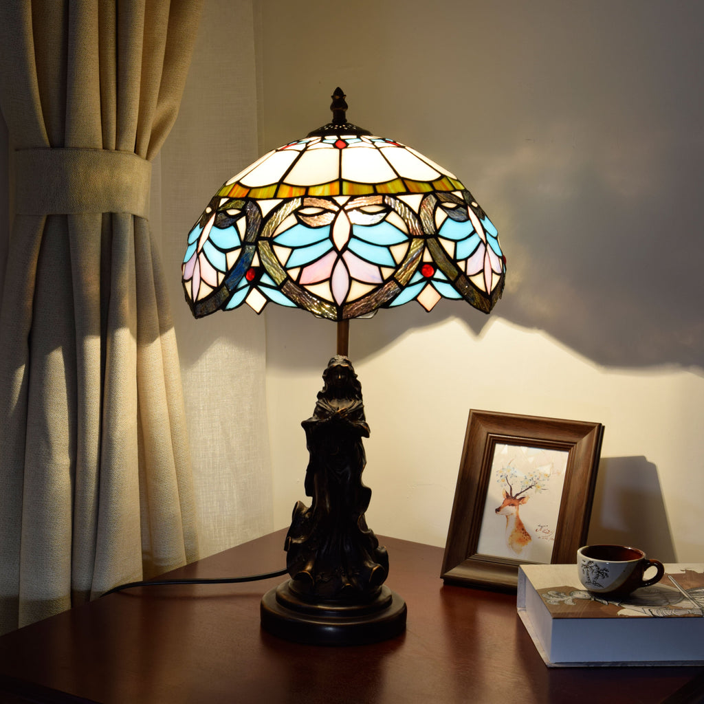 Tiffany Stained Glass Table Lamp with Sculpted Base