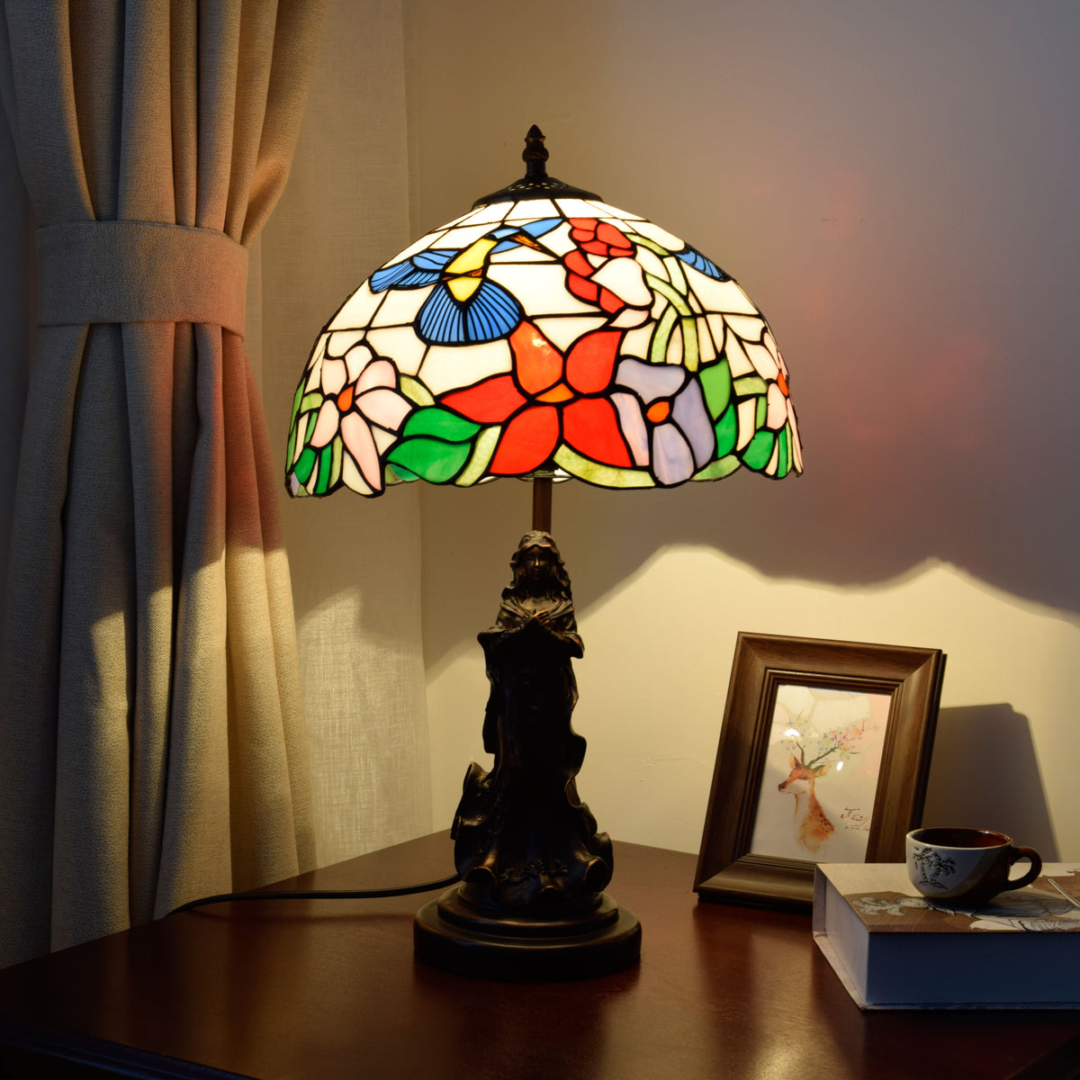 Tiffany Stained Glass Table Lamp with Female Base
