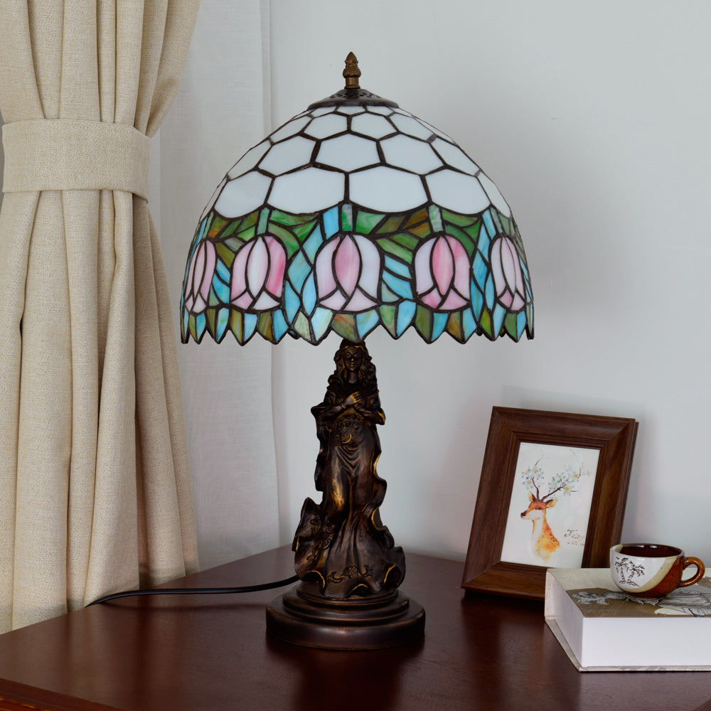 Tiffany-style Floral Stained Glass Table Lamp with Sculpted Base