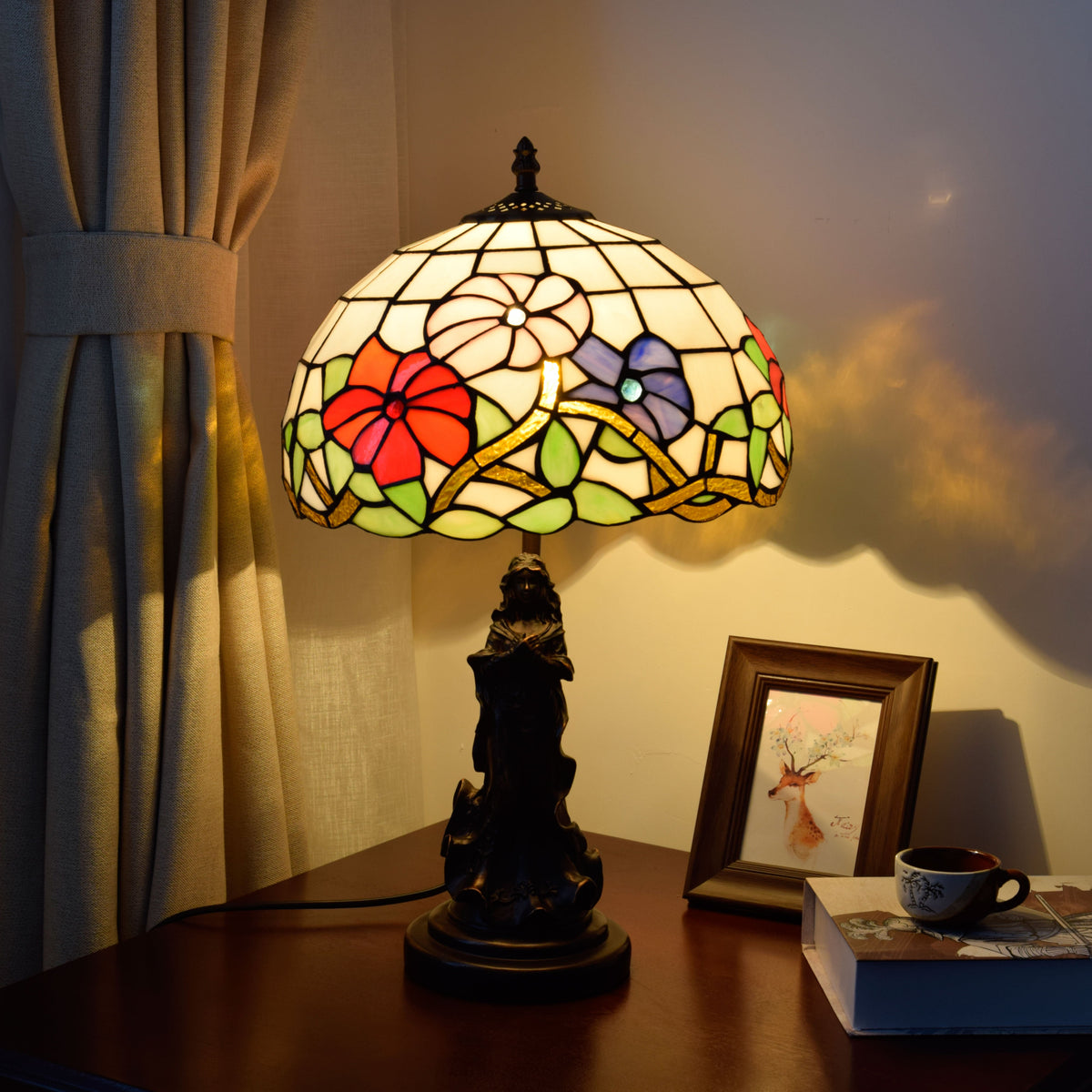 Tiffany Table Lamp with Floral Stained Glass and Bronze Woman Base