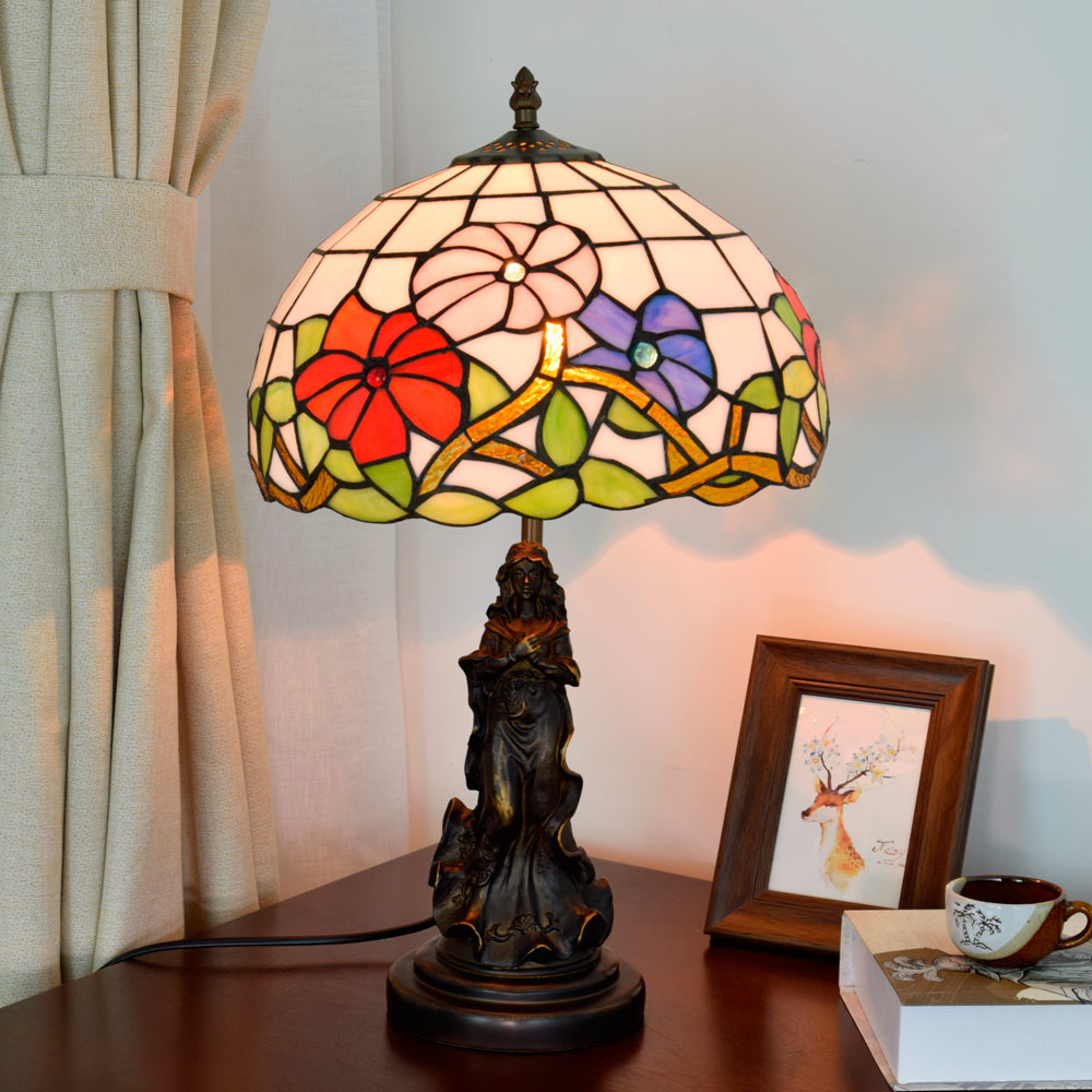 Tiffany Table Lamp with Floral Stained Glass and Bronze Woman Base