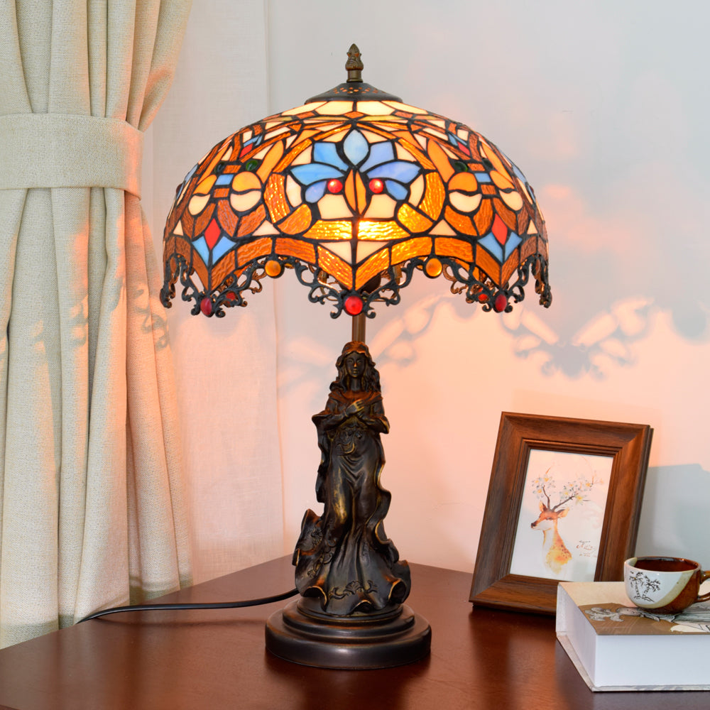 Tiffany Stained Glass Table Lamp with Carved Woman