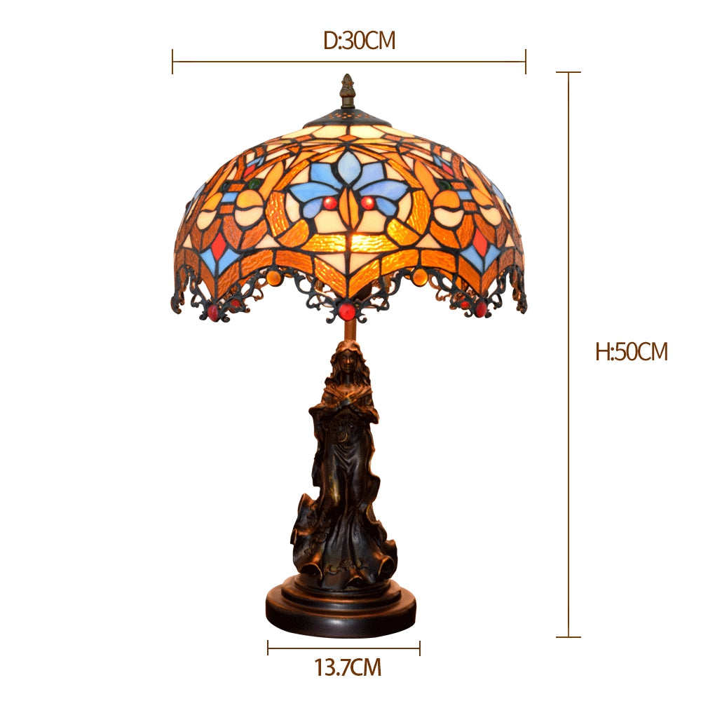 Tiffany Stained Glass Table Lamp with Carved Woman