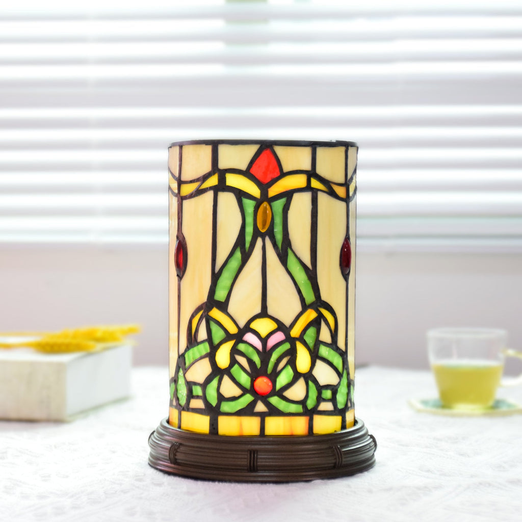 Floral Tinted Glass Table Lamp with Dimmable USB