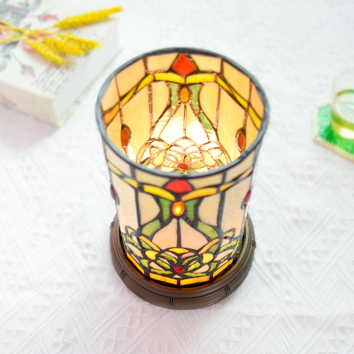 Floral Tinted Glass Table Lamp with Dimmable USB