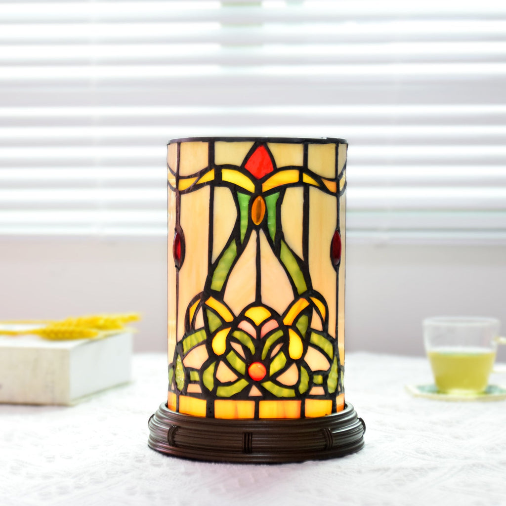 Floral Tinted Glass Table Lamp with Dimmable USB