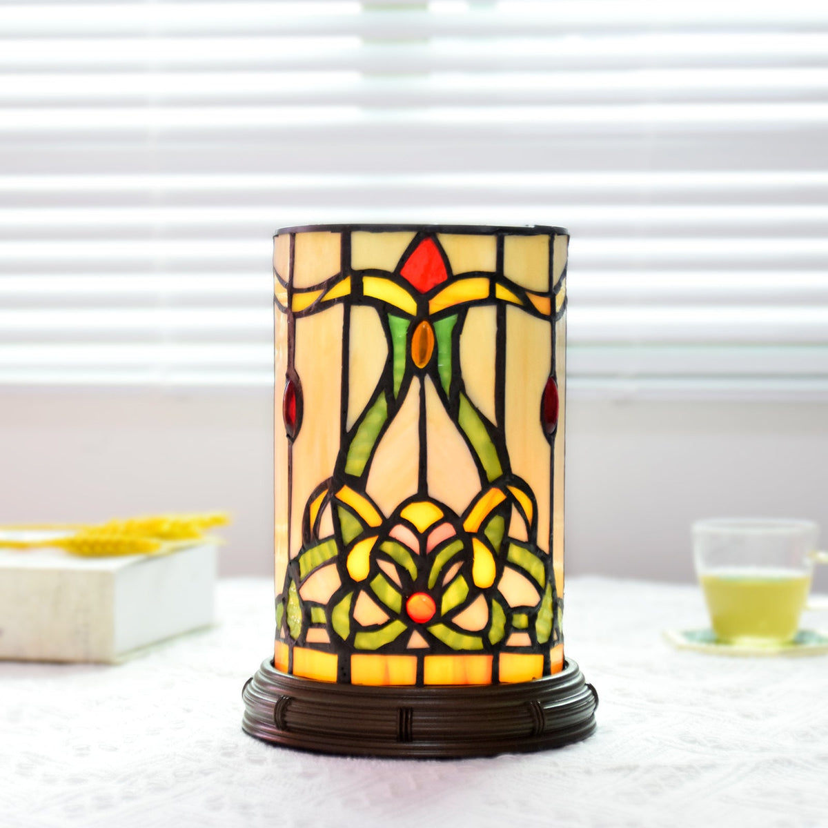 Floral Tinted Glass Table Lamp with Dimmable USB