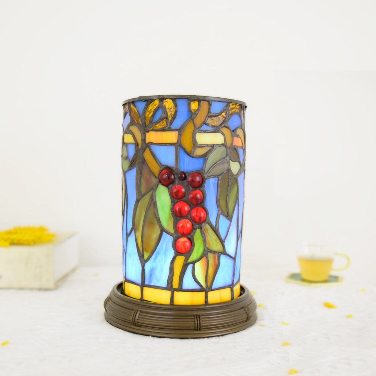 Tiffany Stained Glass Table Lamp with Berry Motifs