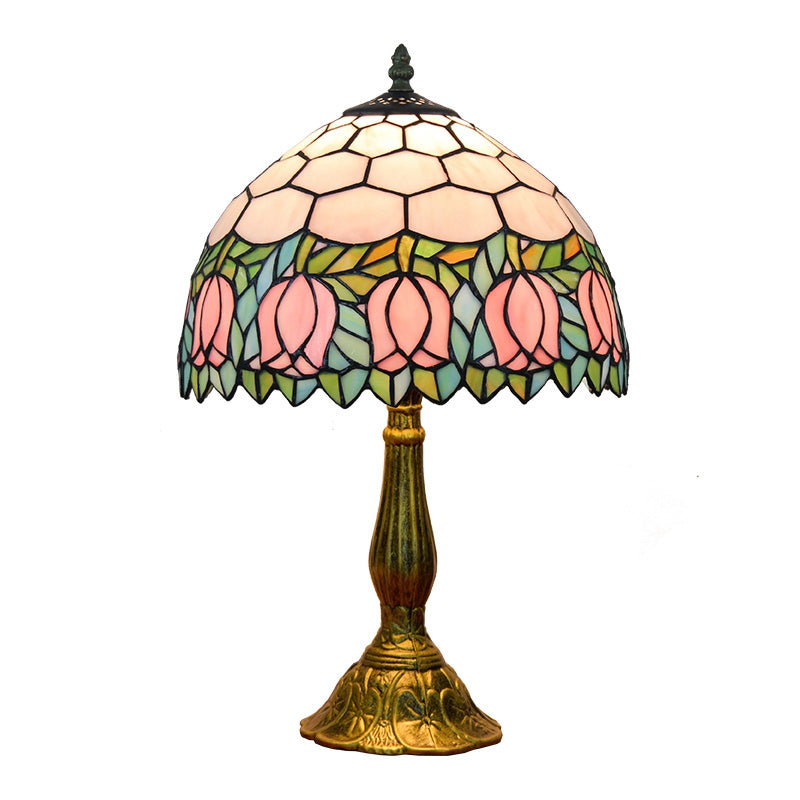 Tiffany-style stained glass table lamp with pink tulips