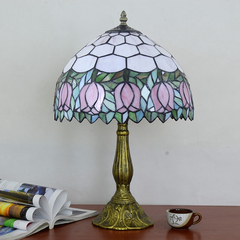 Tiffany-style stained glass table lamp with pink tulips