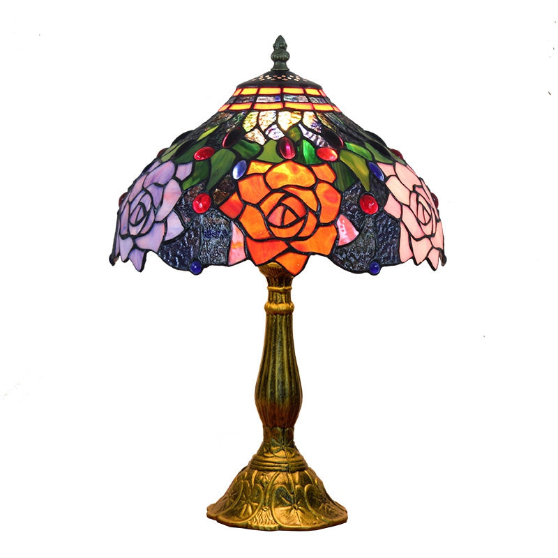 Tiffany Table Lamp with Multicolored Stained Glass Roses