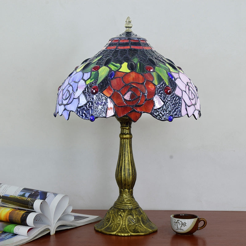Tiffany Table Lamp with Multicolored Stained Glass Roses