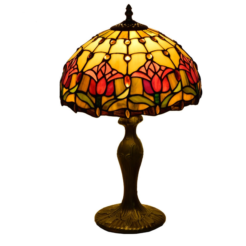 Yellow and Red Tulip Stained Glass Tiffany Table Lamp