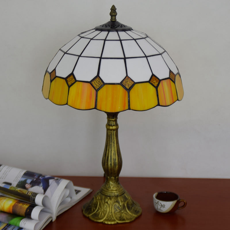 Tiffany Style Table Lamp in White and Amber Stained Glass
