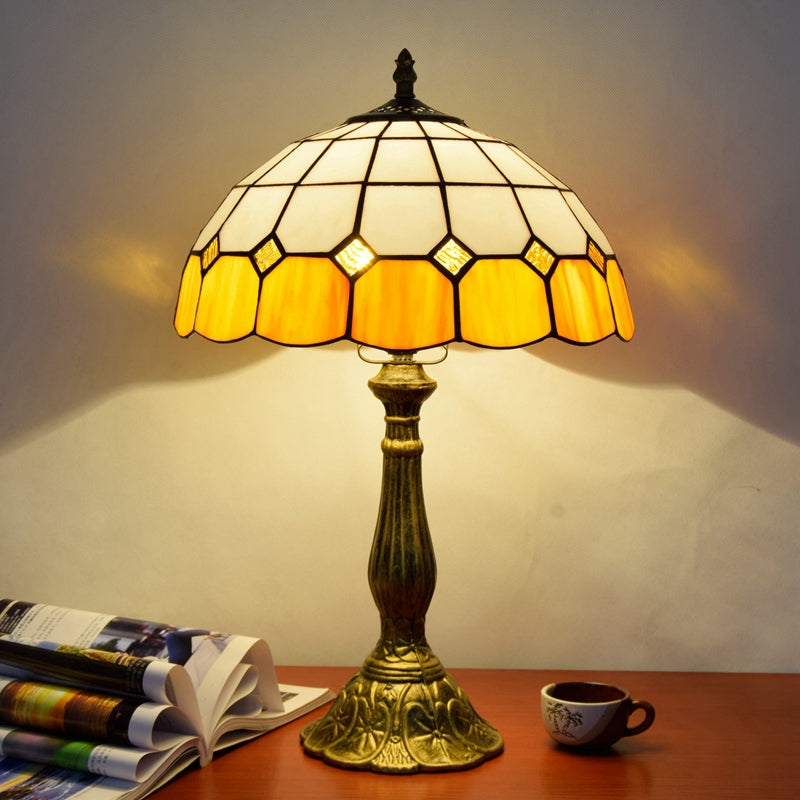 Tiffany Style Table Lamp in White and Amber Stained Glass