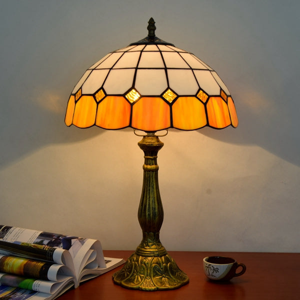 Tiffany Style Table Lamp in White and Amber Stained Glass