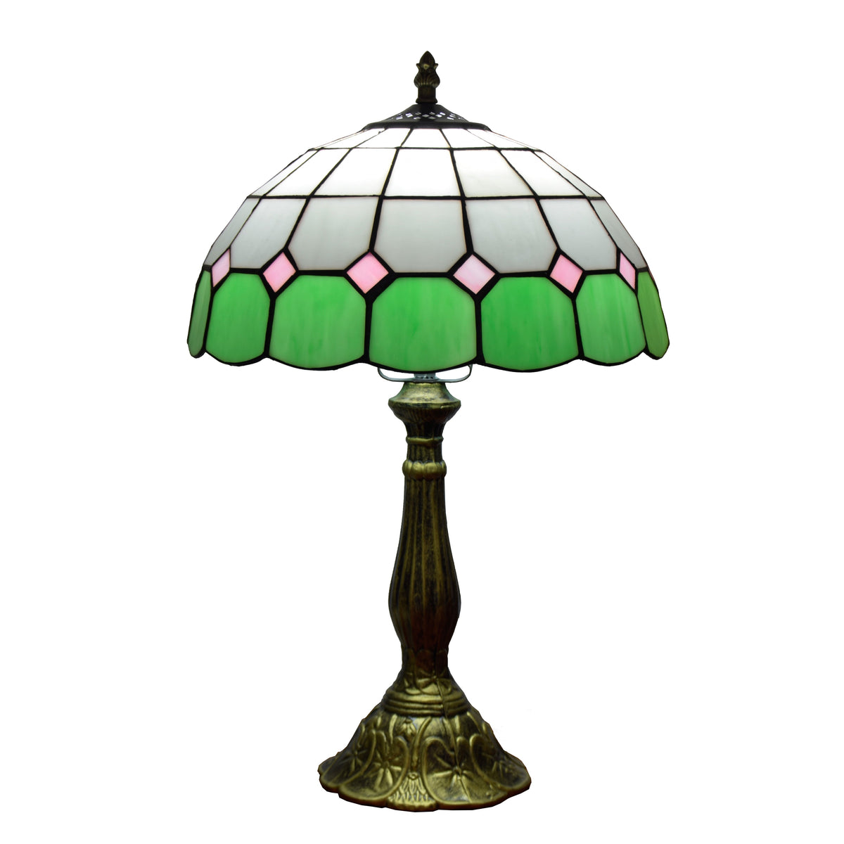 Tiffany Table Lamp in Green and Pink Stained Glass