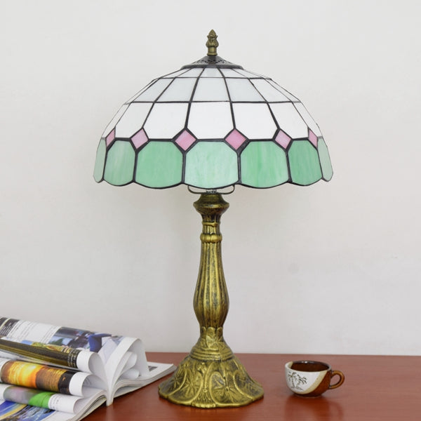 Tiffany Table Lamp in Green and Pink Stained Glass