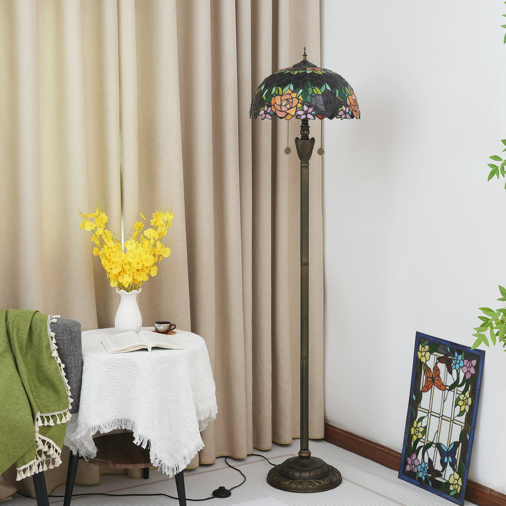 Tiffany Floor Lamp in Stained Glass with Floral Roses